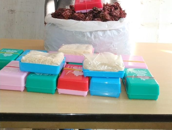 150 gms of Sunflower (Heroin) seized by the Narcotics Cell of the Excise department, Nagaland at the Inter-State Excise checkgate Khuzama, Kohima on December 12.  The contraband were packed inside polythene bag containing dried King Chillies (Raja Mircha).